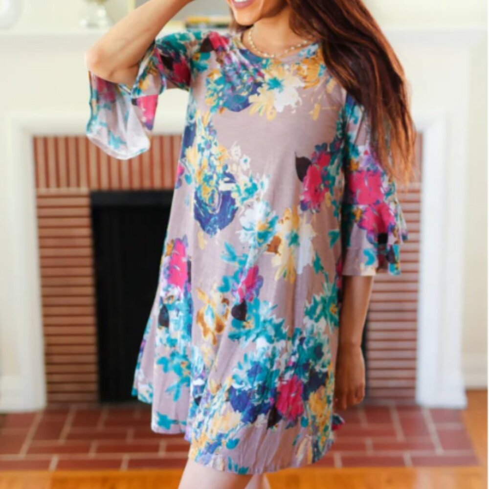 HAYZEL Spread Joy Teal & Fuchsia Watercolor Floral Ruffle Sleeve Dress SMALL 1X